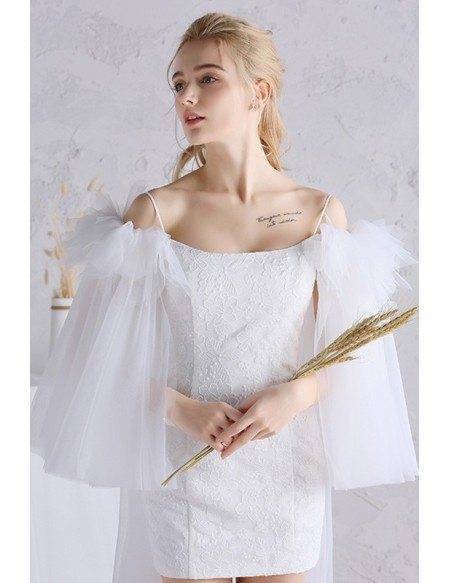 Mini Short Sheath Lace Wedding Dress with Tulle Butterfly Sleeves