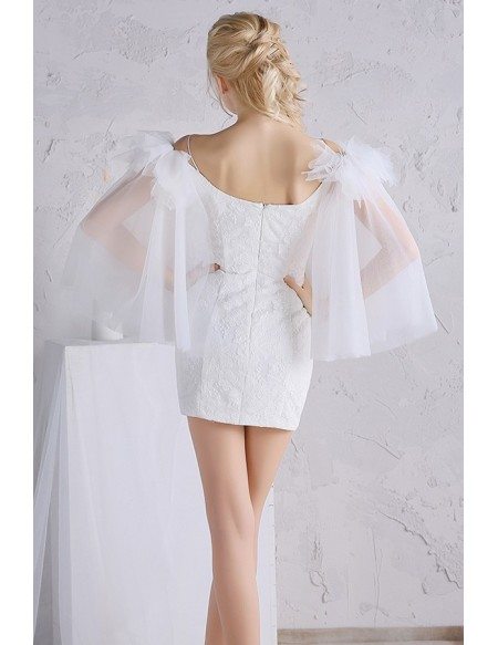 Mini Short Sheath Lace Wedding Dress with Tulle Butterfly Sleeves