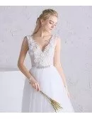 Beaded Floral V-neck White Tulle Boho Beach Wedding Dress Open Back
