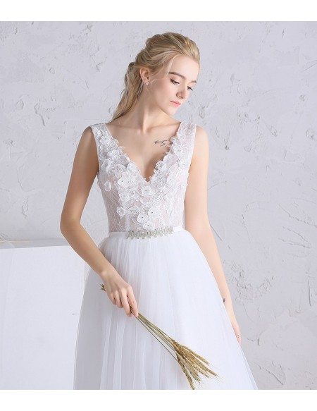 Beaded Floral V-neck White Tulle Boho Beach Wedding Dress Open Back