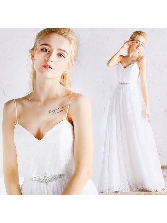 Simple Full Lace A-line Beach Wedding Dress with Spaghetti Straps