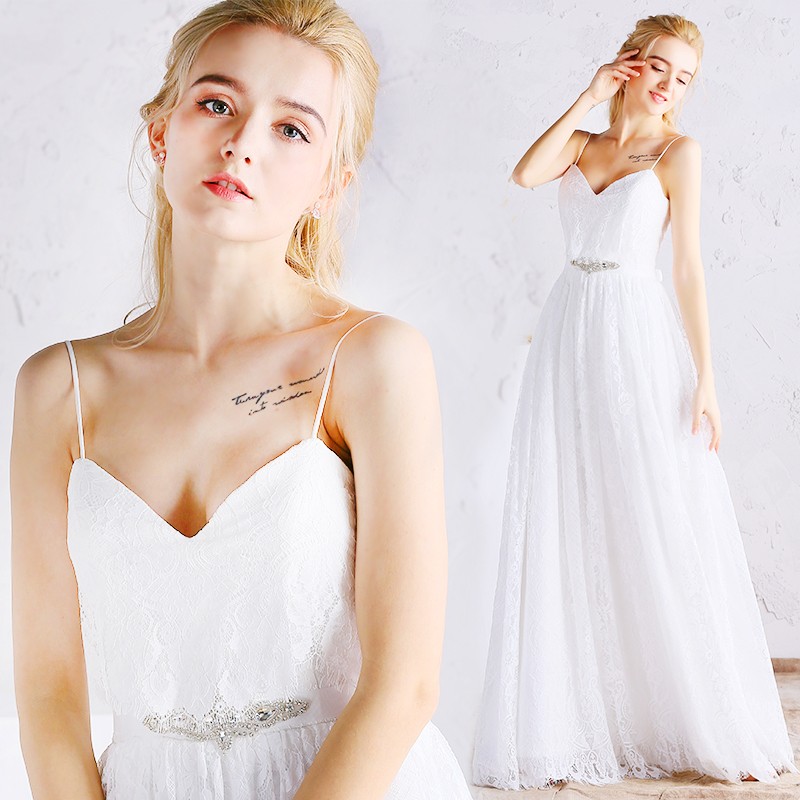 Simple Boho Beach Wedding Dress Full Lace A Line With Spaghetti Straps Df28 179 0808