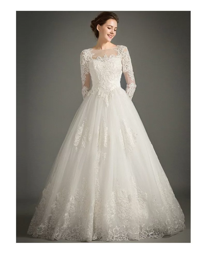 Classic A-Line High-neck Floor-length Tulle Wedding Dress With ...