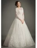 Classic A-Line High-neck Floor-length Tulle Wedding Dress With Appliques Lace
