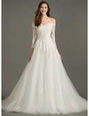 Dreamy A-Line Off-the-Shoulder Court Train Tulle Wedding Dress With Lace Sleeves