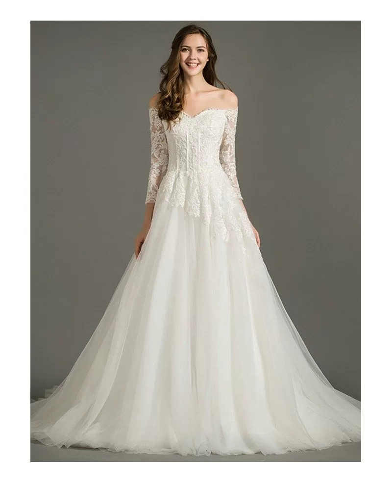 Dreamy A Line Off the Shoulder Court Train Tulle Wedding Dress With Lace Sleeves TZ018 330