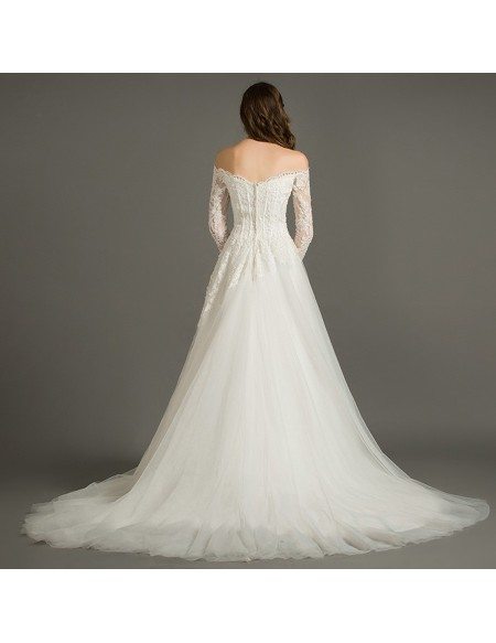 Dreamy A-Line Off-the-Shoulder Court Train Tulle Wedding Dress With Lace Sleeves