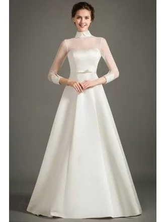 Modest A-Line High-neck Floor-length Satin Wedding Dress With Half Sleeves