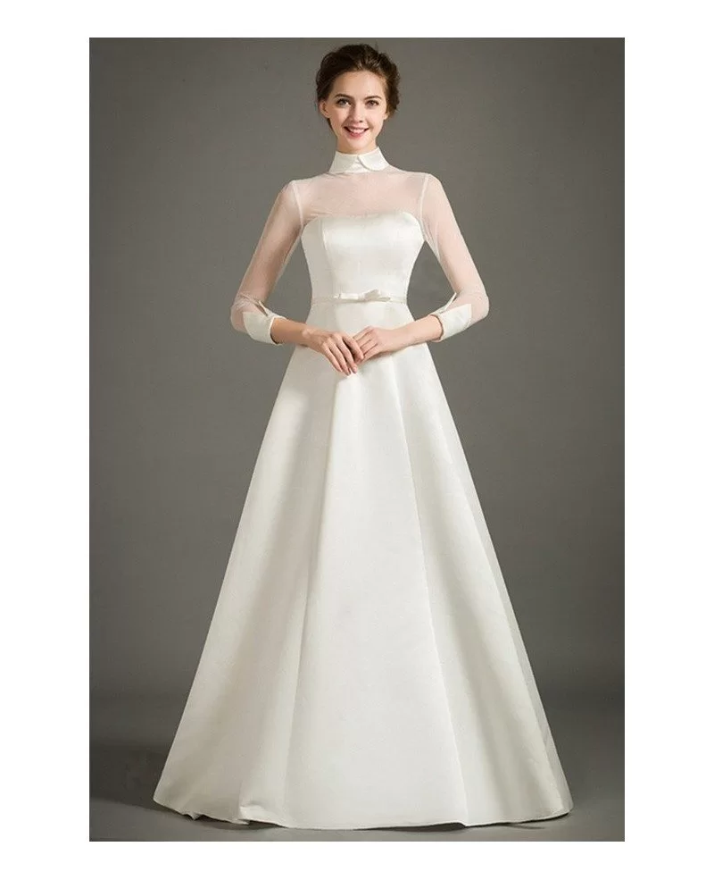 Modest A Line High neck Floor length Satin Wedding Dress With Half Sleeves TZ019 219