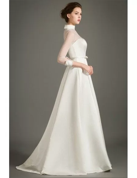 Modest A-Line High-neck Floor-length Satin Wedding Dress With Half Sleeves
