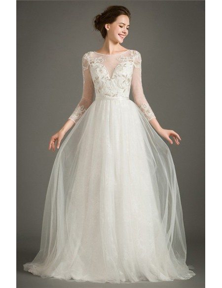 [$269.99] Special A-line High-neck Sweep Train Tulle Wedding Dress With  Embroidery Sleeves #TZ020 $270 - GemGrace.com