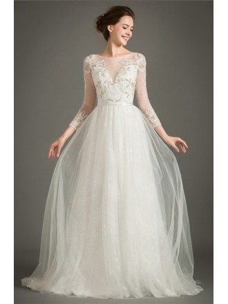 Special A-line High-neck Sweep Train Tulle Wedding Dress With Embroidery Sleeves