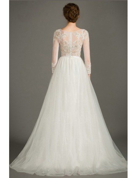 Special A-line High-neck Sweep Train Tulle Wedding Dress With Embroidery Sleeves