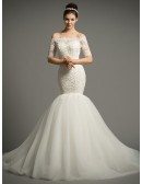 Dreamy Mermaid Off-the-Shoulder Chapel Train Tulle Wedding Dress With Appliques Lace