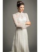 Modest A-Line High-neck Cathedral Train Lace Wedding Dress With Long Sleeves