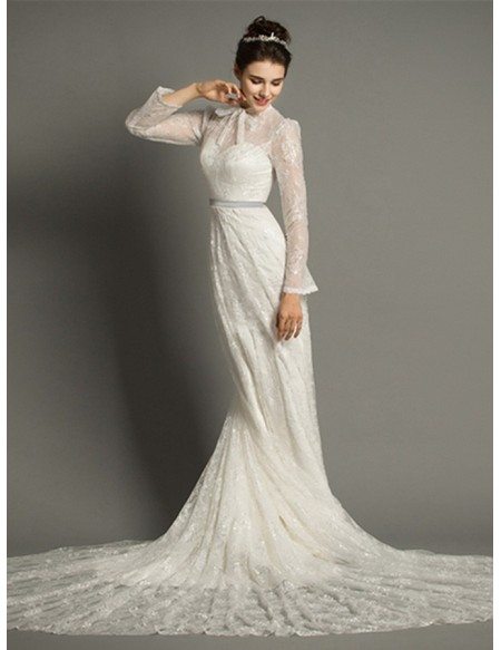 Modest A-Line High-neck Cathedral Train Lace Wedding Dress With Long Sleeves