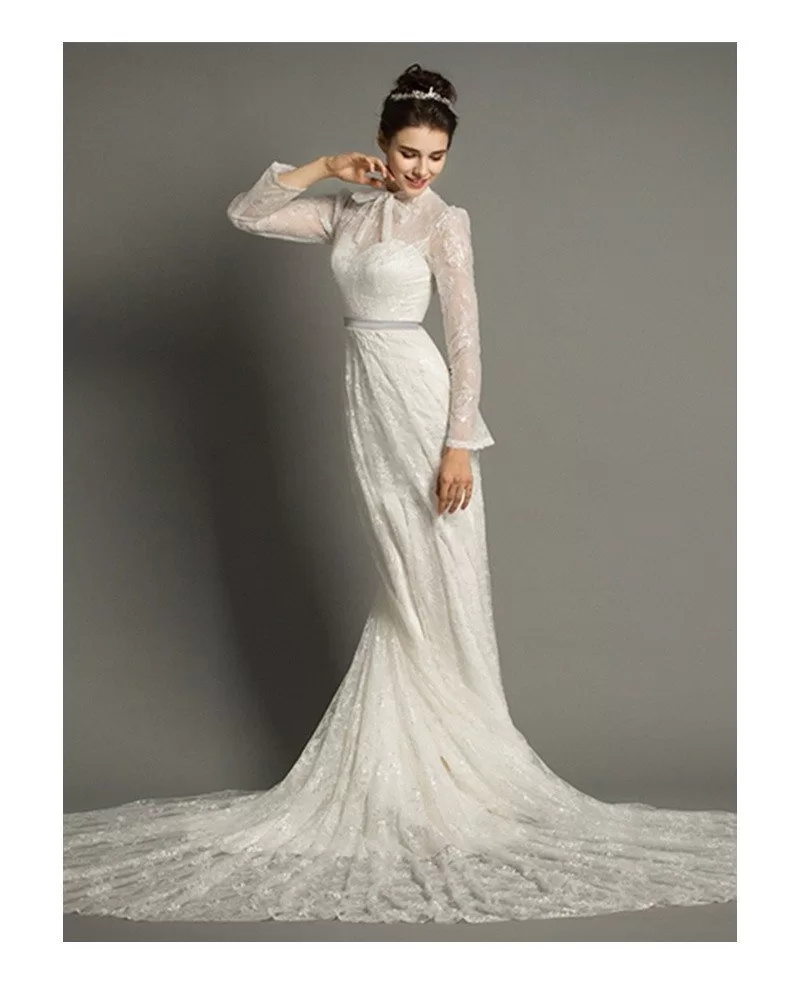 Dearta Womens A-Line High Neck Court Train Lace Wedding Dresses 