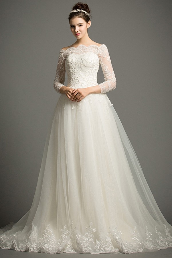 Classic Ball-gown Off-the-shoulder Cathedral Train Tulle Wedding Dress ...