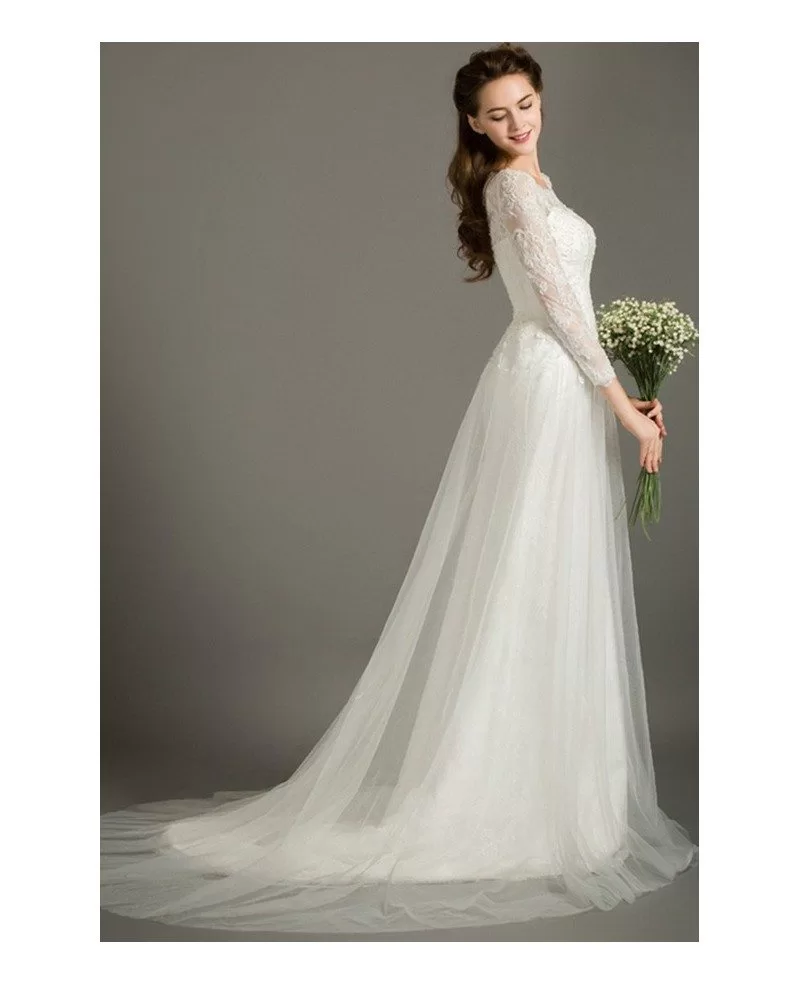 Modest A Line Scoop Neck Sweep Train Tulle Wedding Dress With Long Lace Sleeves TZ024 350