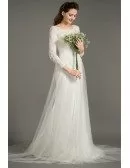 Modest A-Line Scoop Neck Sweep Train Tulle Wedding Dress With Long Lace Sleeves