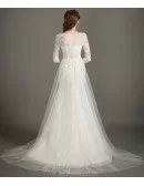 Modest A-Line Scoop Neck Sweep Train Tulle Wedding Dress With Long Lace Sleeves