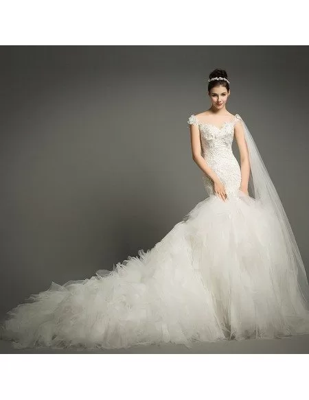 Luxury Mermaid Sweetheart Cathedral Train Tulle Wedding Dress With Cascading Ruffle