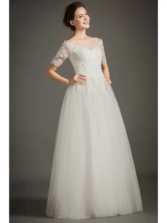 Modest A-Line Off-the-shoulder Floor-length Lace Tulle Wedding Dress With Short Sleeves