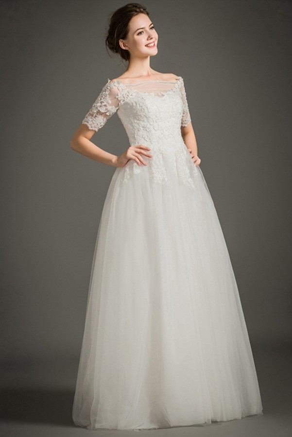 Modest A-Line Off-the-shoulder Floor-length Lace Tulle Wedding Dress ...