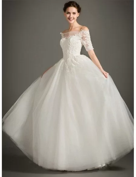 Modest A-Line Off-the-shoulder Floor-length Lace Tulle Wedding Dress ...