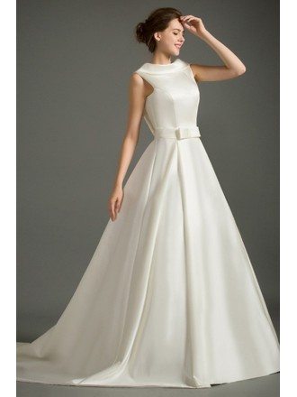 Classic Ball-gown High-neck Court Train Satin Wedding Dress With Open Back