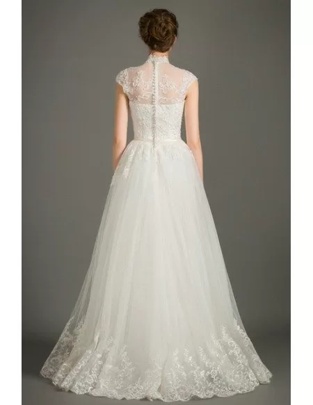 Modest A-Line High-neck Floor-length Lace Tulle Wedding Dress With Cap Sleeves
