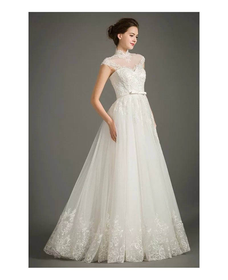 Modest A Line Lace Wedding Dress With Cap Sleeves High neck Floor length Lace Tulle Style TZ029