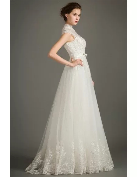 Modest A-Line High-neck Floor-length Lace Tulle Wedding Dress With Cap Sleeves
