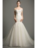 Sexy Mermaid Off-the-Shoulder Chapel Train Satin Tulle Wedding Dress With Appliques Lace