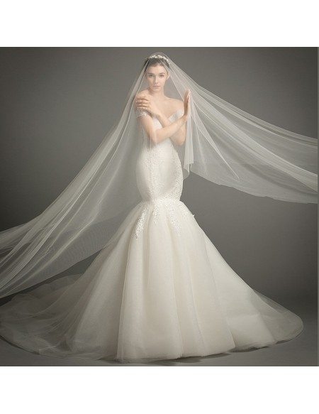 Sexy Mermaid Off-the-Shoulder Chapel Train Satin Tulle Wedding Dress With Appliques Lace