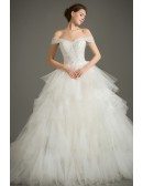 Dreamy Ball-gown Off-the-Shoulder Chapel Train Tulle Wedding Dress With Cascading Ruffle