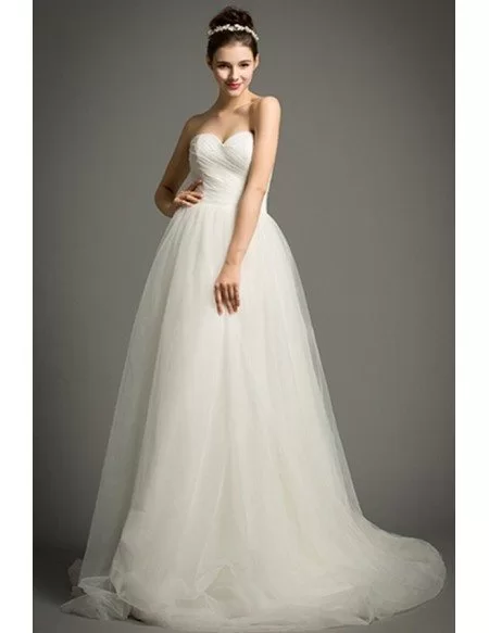 Simple A-Line Sweetheart Court Train Tulle Wedding Dress With Ruffle