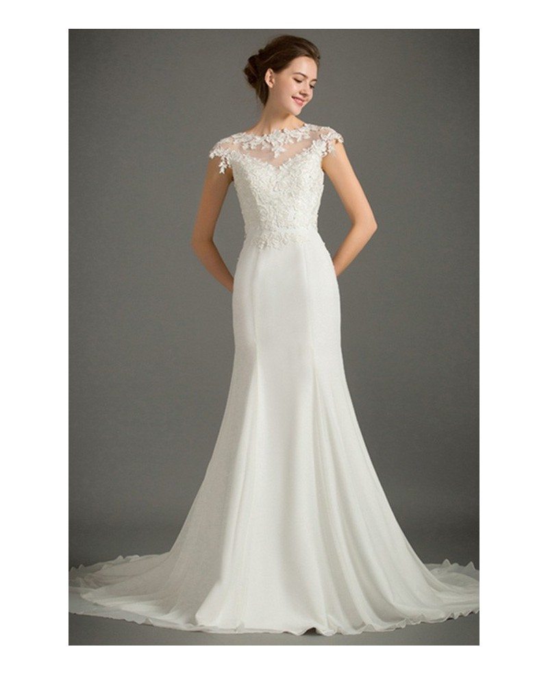 Feminine Mermaid High neck Sweep Train Satin Wedding Dress With Cap Sleeve TZ034 290