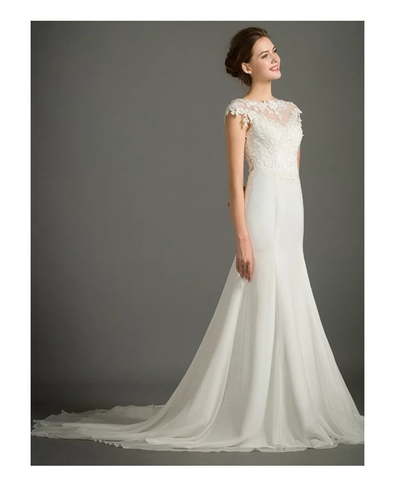 Feminine Mermaid High neck Sweep Train Satin Wedding Dress With Cap Sleeve TZ034 290