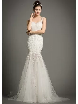 Sexy Mermaid Sweetheart Sweep Train Tulle Wedding Dress With Appliques Lace