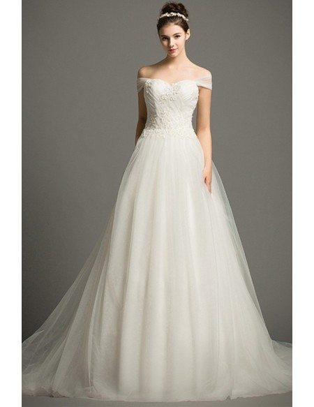 Dreamy Ball-gown Off-the-Shoulder Court Train Tulle Wedding Dress With Beading