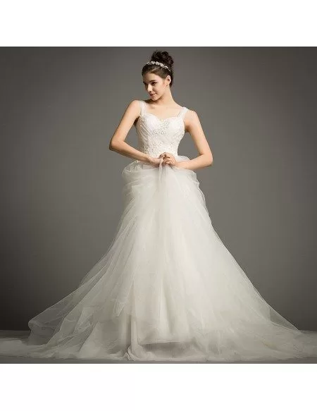 Dreamy Ball-gown Off-the-Shoulder Court Train Tulle Wedding Dress With Beading