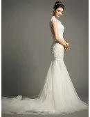 Elegant Mermaid High-neck Court Train Lace Tulle Wedding Dress With Cap Sleeve