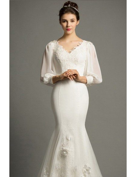 Elegant Mermaid V-neck Sweep Train Satin Wedding Dress With Half Sleeve ...