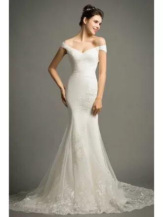 Sexy Mermaid Off-the-shoulder Court Train Tulle Wedding Dress With Appliques Lace