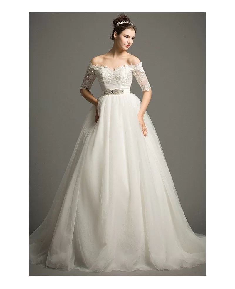 Dreamy Ball-gown Off-the-Shoulder Chapel Train Tulle Wedding Dress With ...