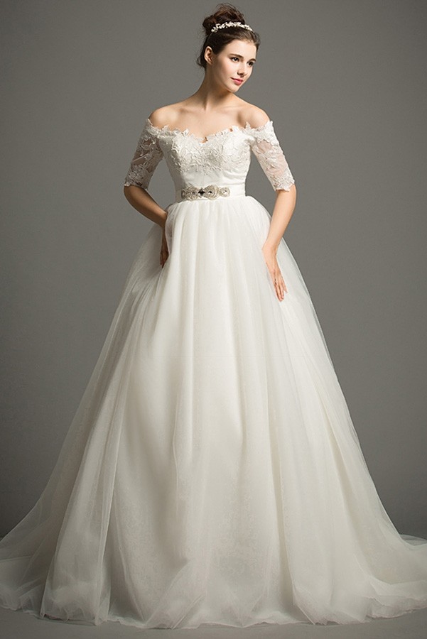 Dreamy Ball-gown Off-the-Shoulder Chapel Train Tulle Wedding Dress With ...