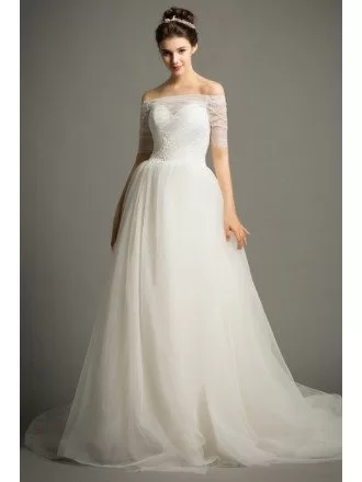 Dreamy Ball-gown Off-the-Shoulder Chapel Train Tulle Wedding Dress With Beading