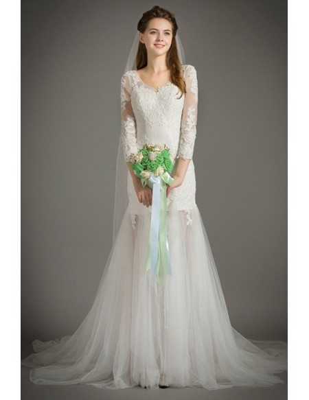 Special Mermaid Scoop Neck Sweep Train Lace Tulle Wedding Dress With Half Sleeves