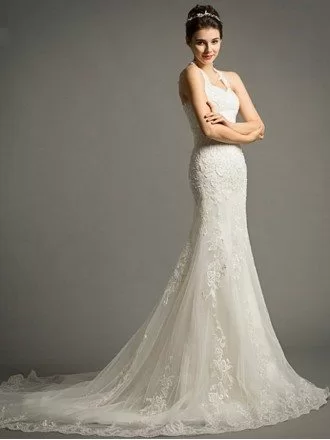 Sexy Mermaid Halter Court Train Tulle Wedding Dress With Appliques Lace